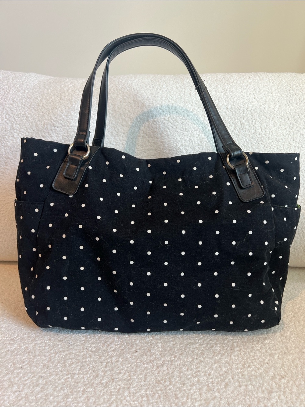 Black Polka Dot Tote Bag with Faux Leather Handles Green Lining Halloween